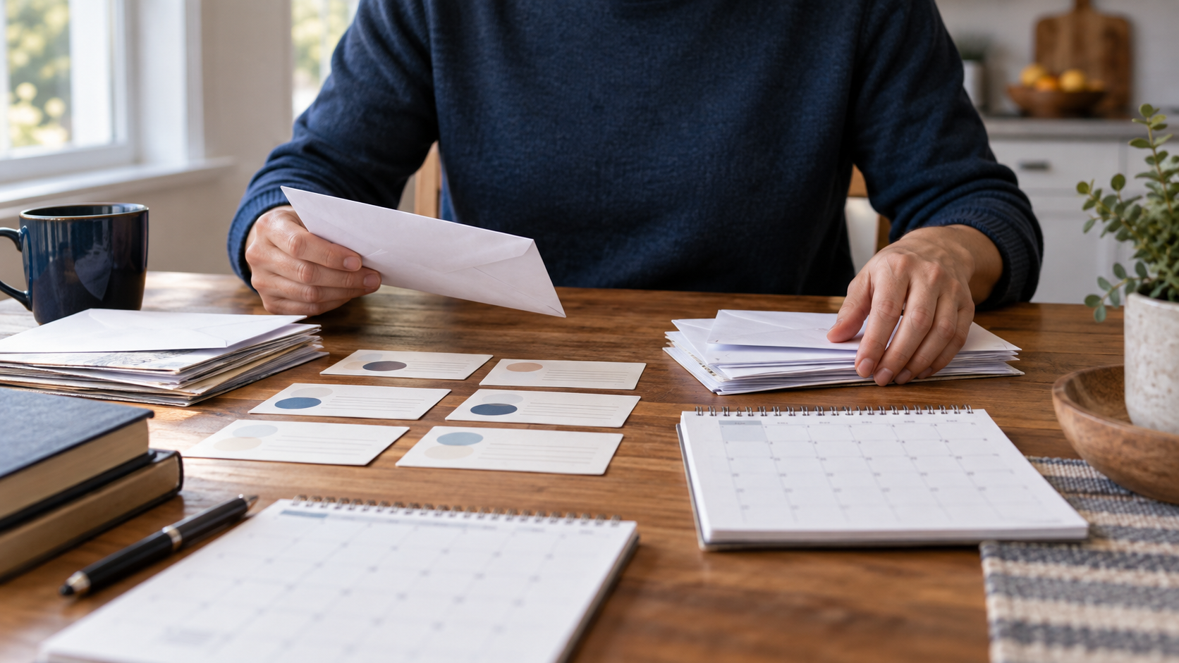 A person sitting at a kitchen table carefully reviewing a stack of official mail envelopes and handwritten address records