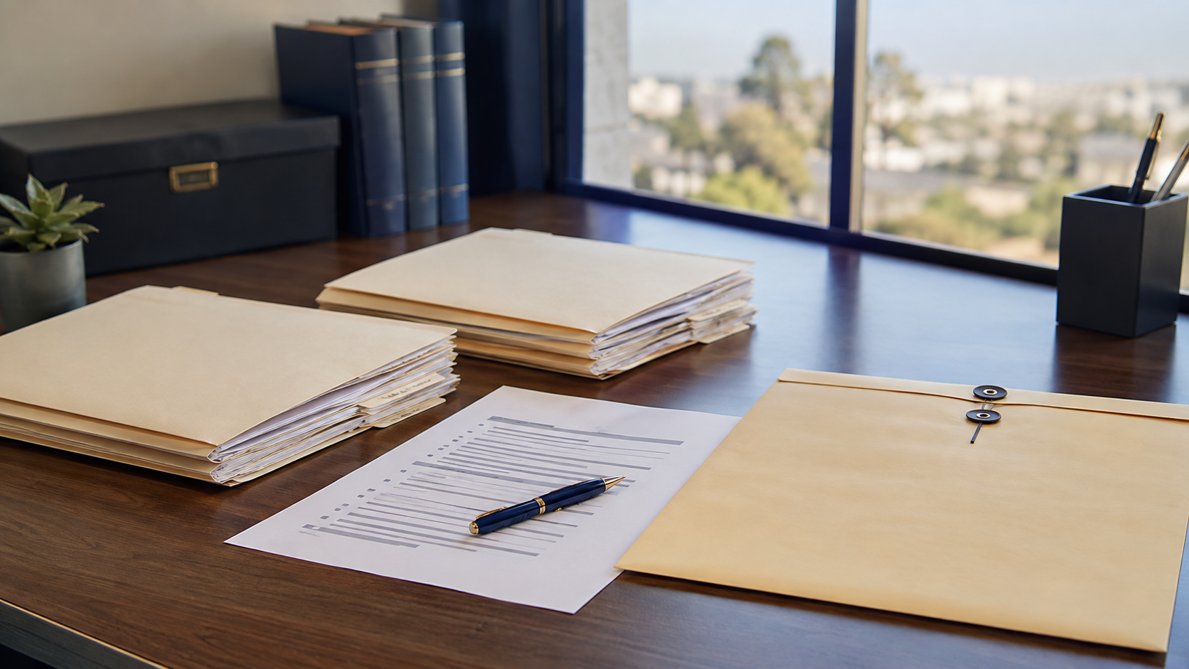 A person reviewing printed employment documents spread across a wooden desk beside a laptop and notepad