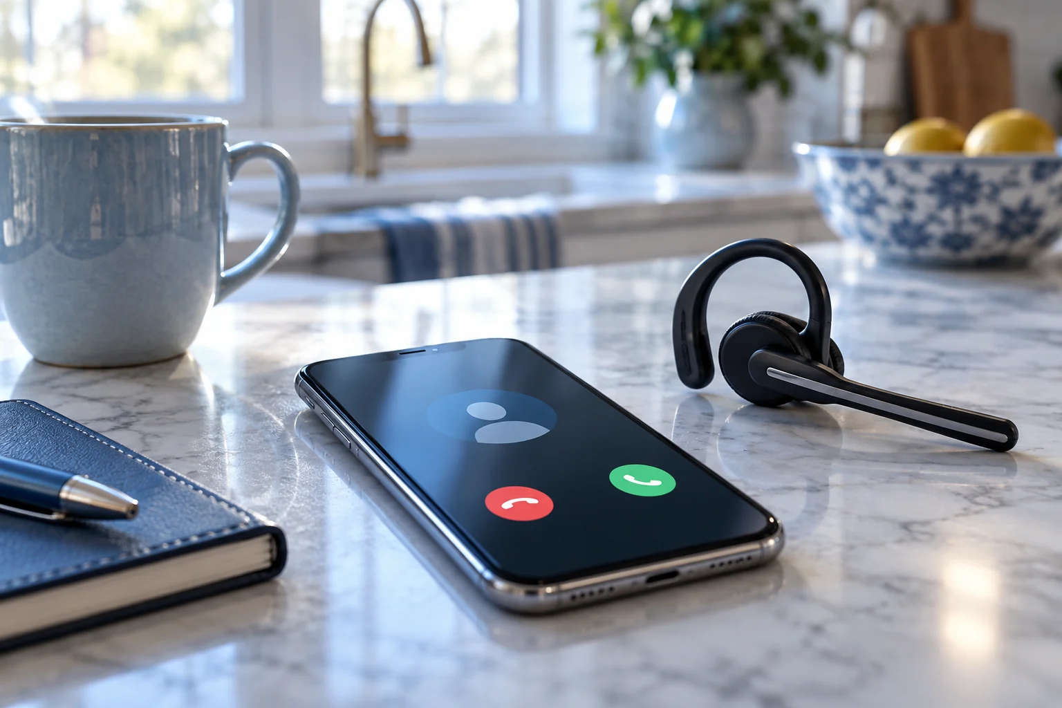 Personal phone displaying an incoming call beside a headset on a kitchen work surface.