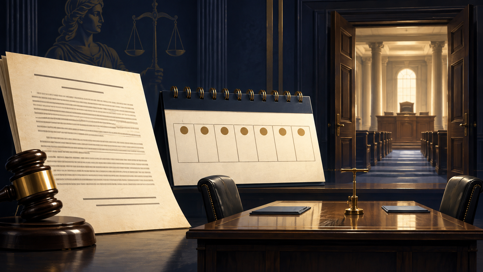 A federal habeas order beside a seven-day calendar and an empty bond-hearing table