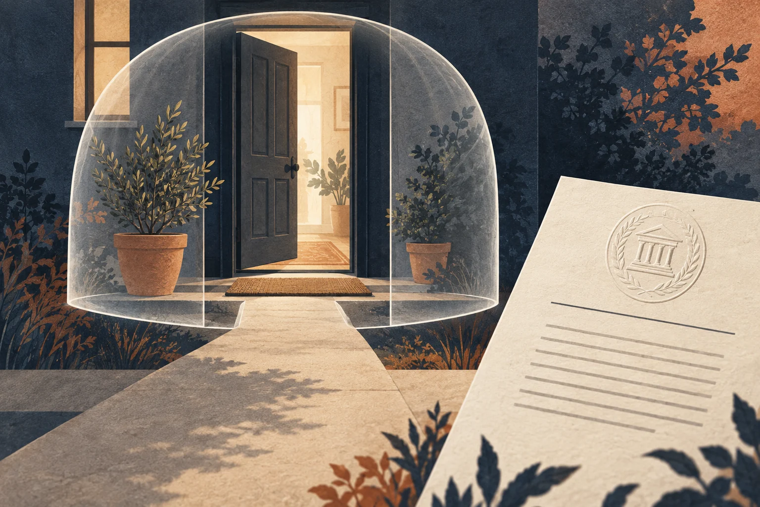 Conceptual illustration of an open home doorway, a court order and a boundary representing procedural protection