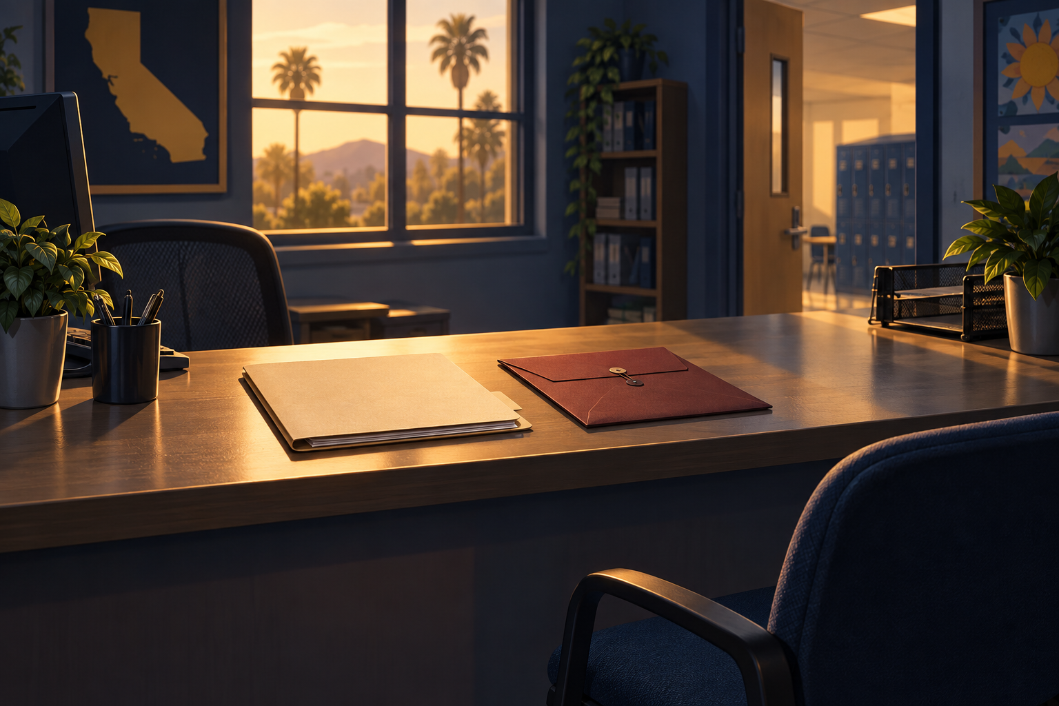 Application folder and closed court-document sleeve at an empty school office counter.