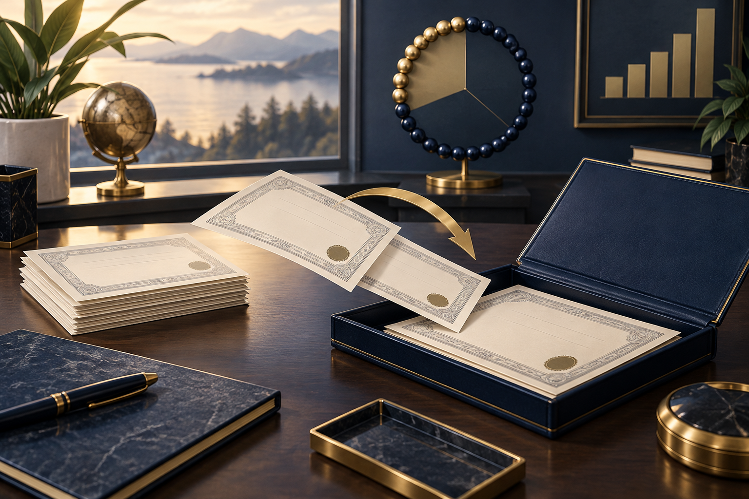 Stock certificates moving into a retained portfolio beside a majority-ownership model.