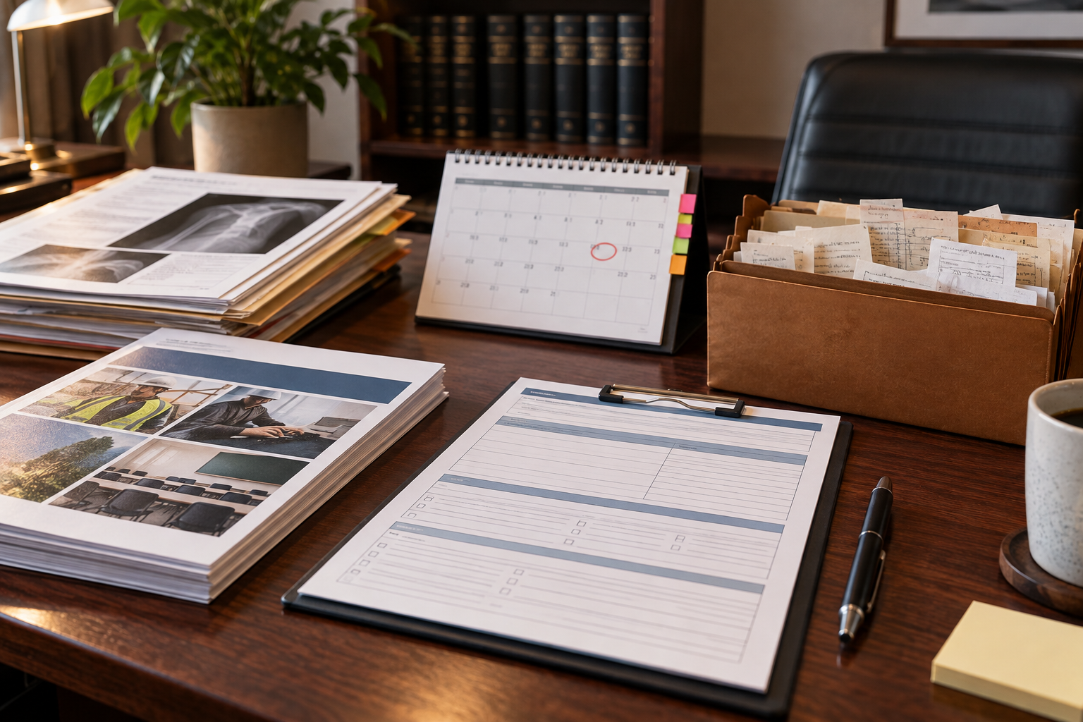A blank retraining voucher, course catalog, calendar, receipts, and California workers compensation file on a professional desk.