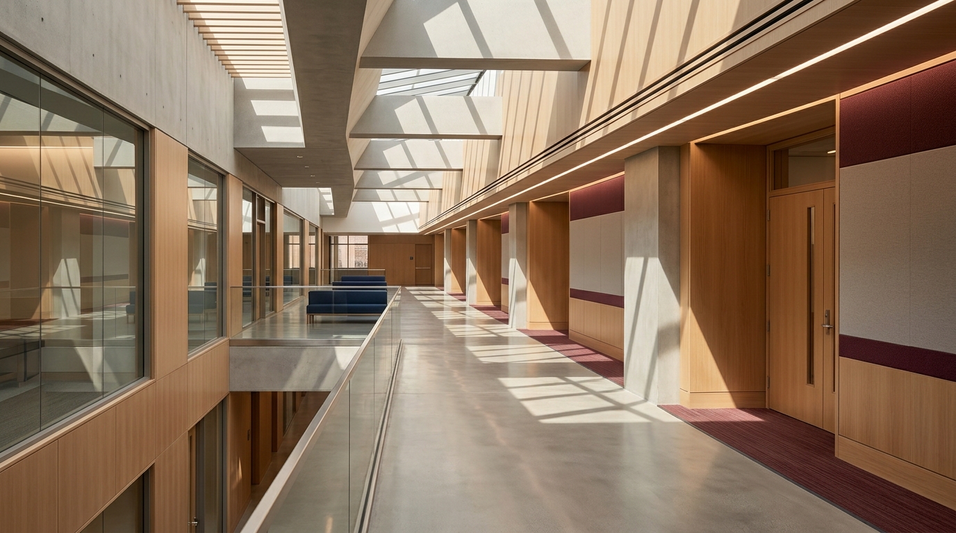 Modern courthouse corridor with parallel paths and intersecting architectural shadows