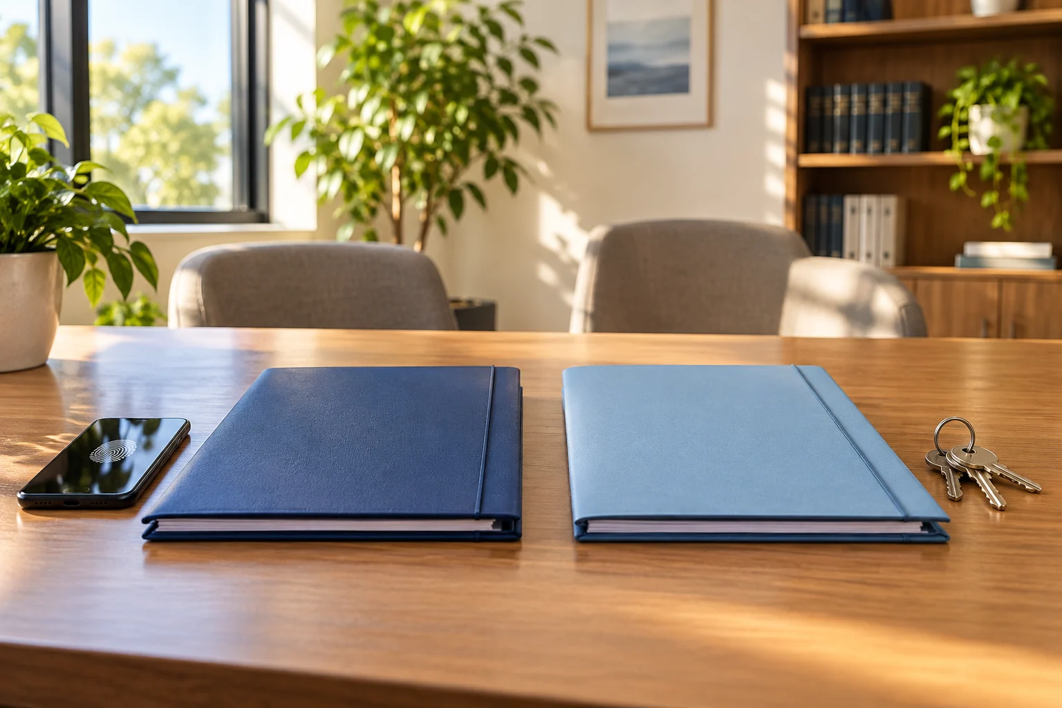 Separate benefit and custody folders beside a fingerprint-screen phone and keys.