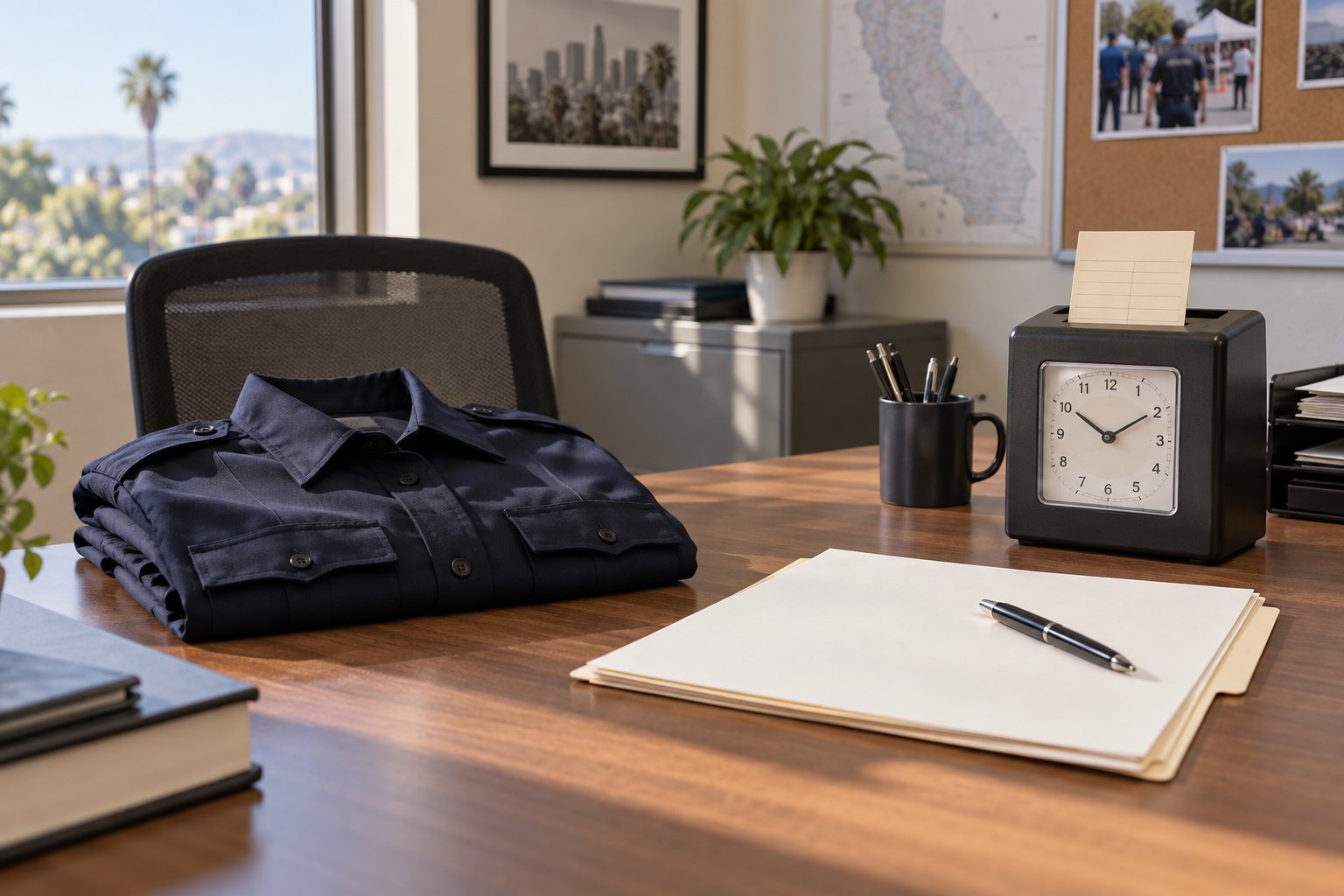 Folded uniform, blank appointment file, and time clock in an illustrative municipal office