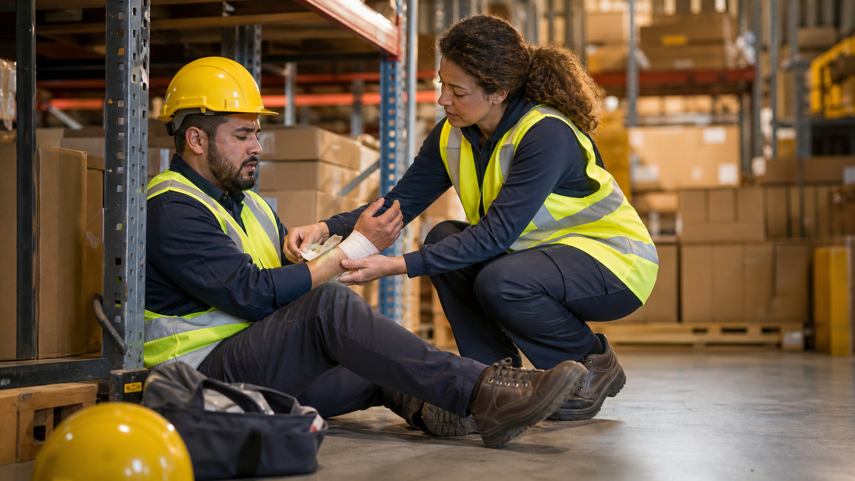 A warehouse worker in a hard hat receiving first aid from a coworker near industrial shelving