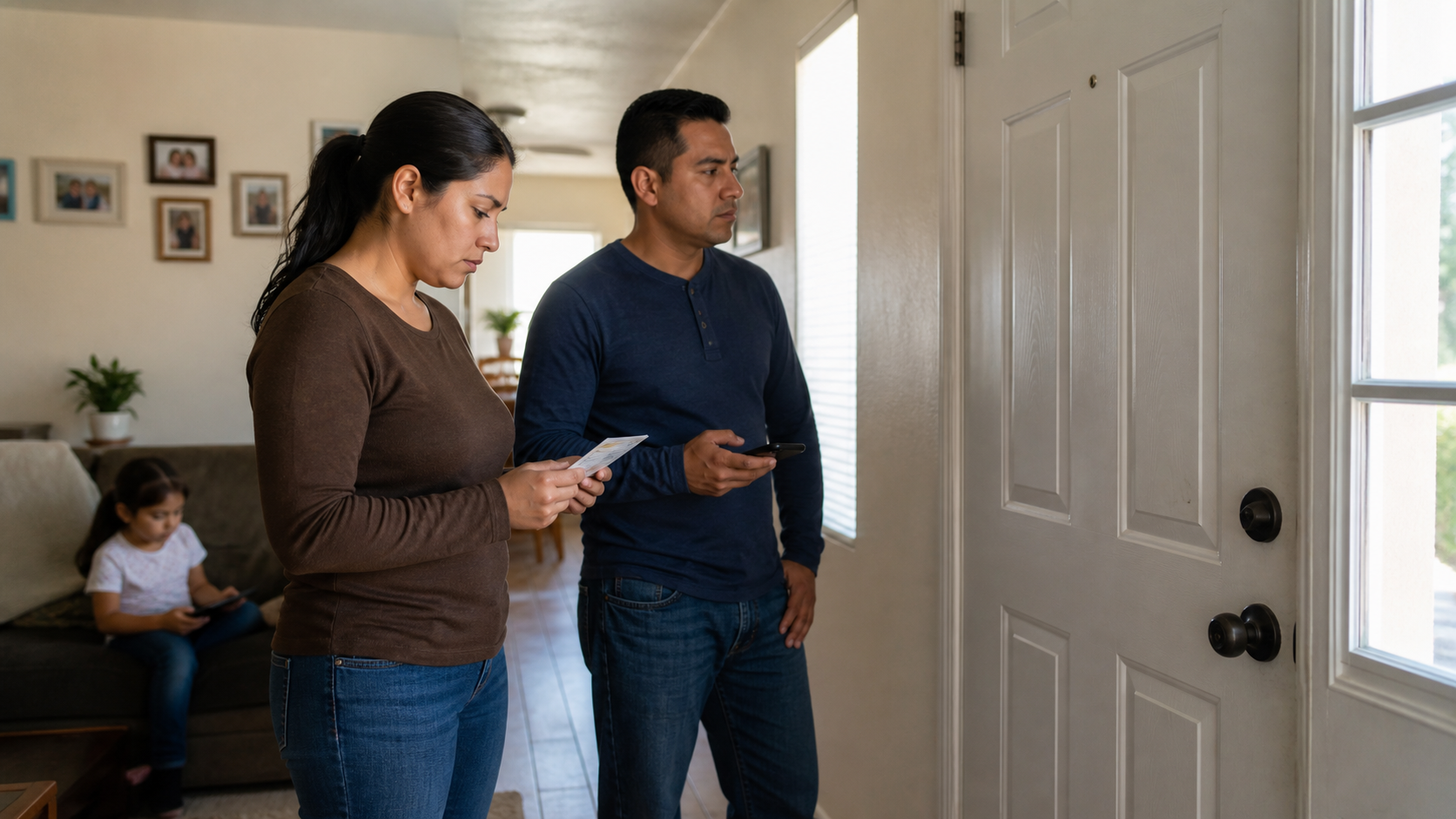 A family inside a Southern California home calmly reviews rights information near a closed front door