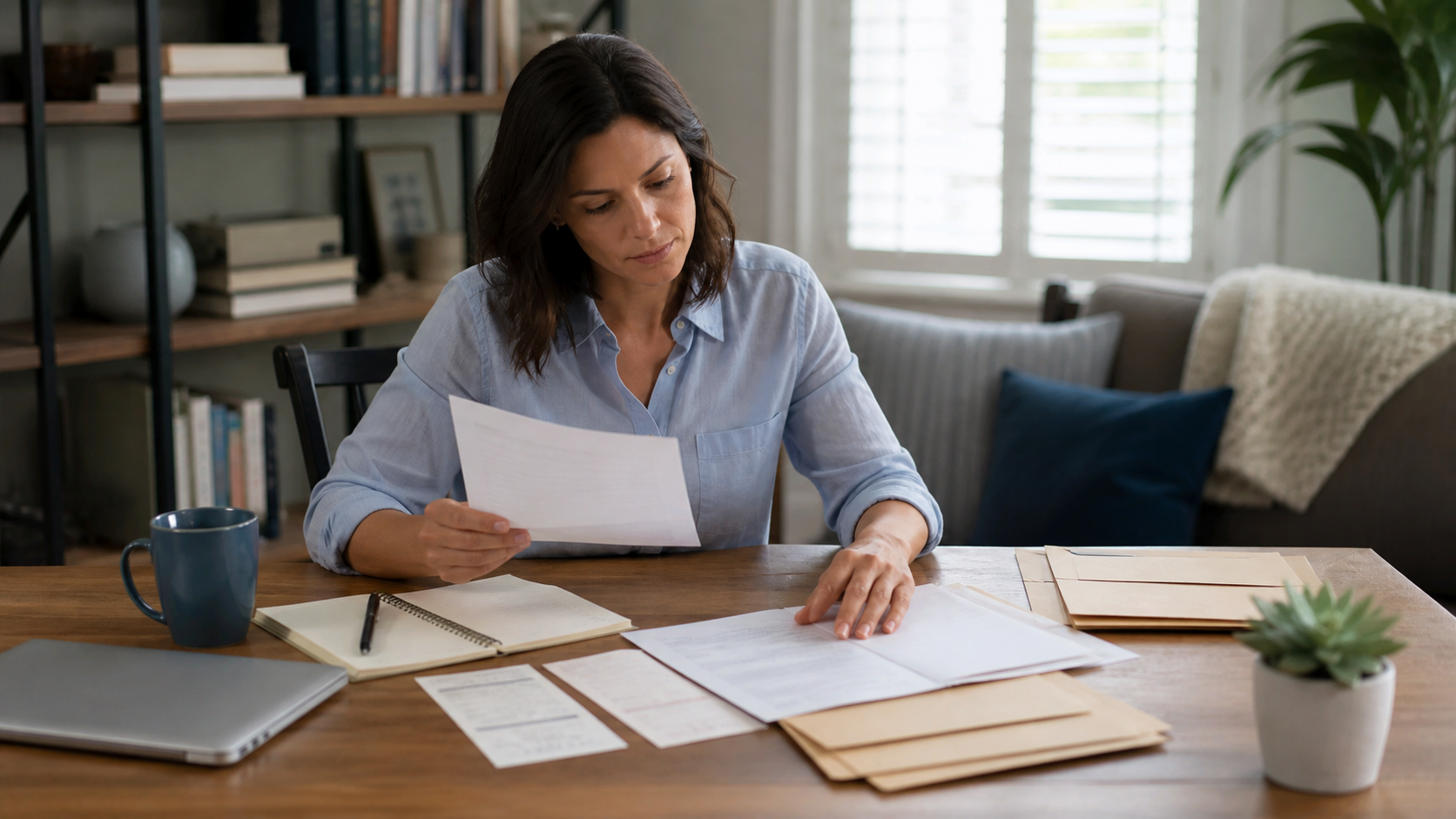 A California worker sitting at a home desk carefully organizing printed employment documents and pay stubs into labeled folders