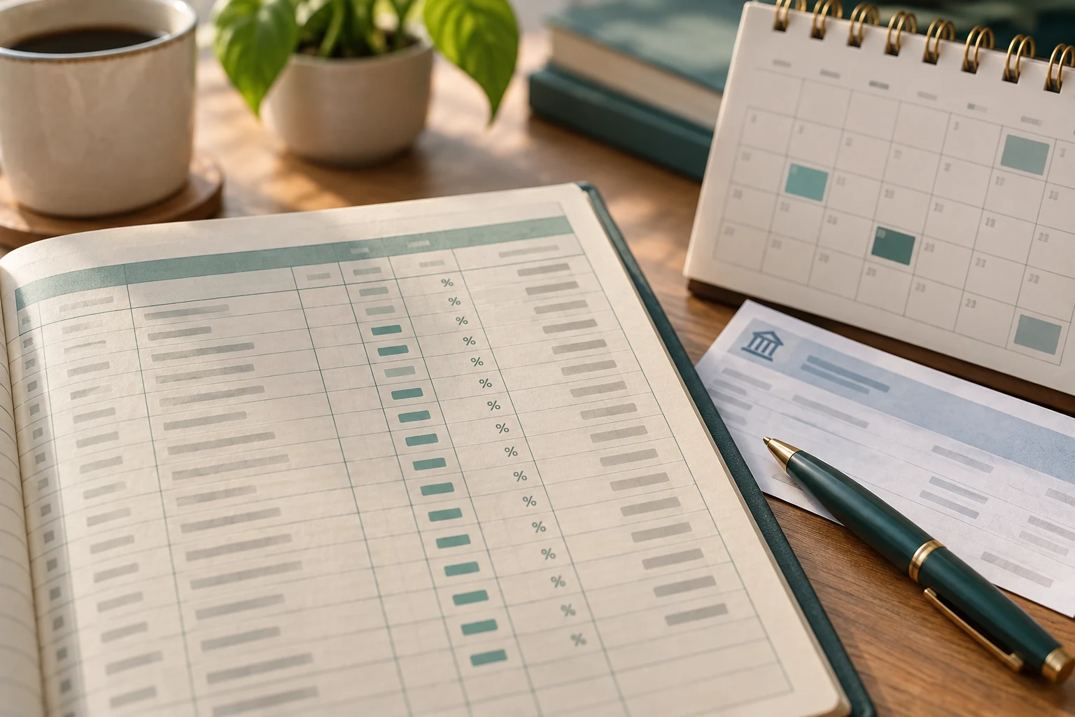 Payment ledger, calendar and deposit receipt arranged for an award-interest audit.