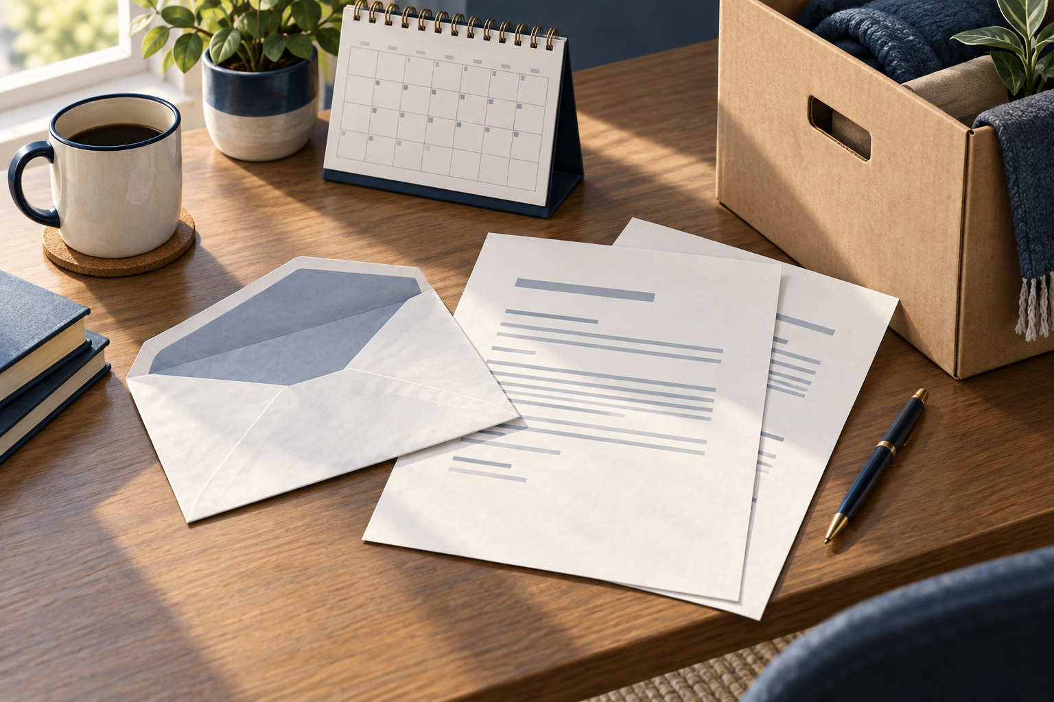 Opened notice envelope and calendar beside a moving box.