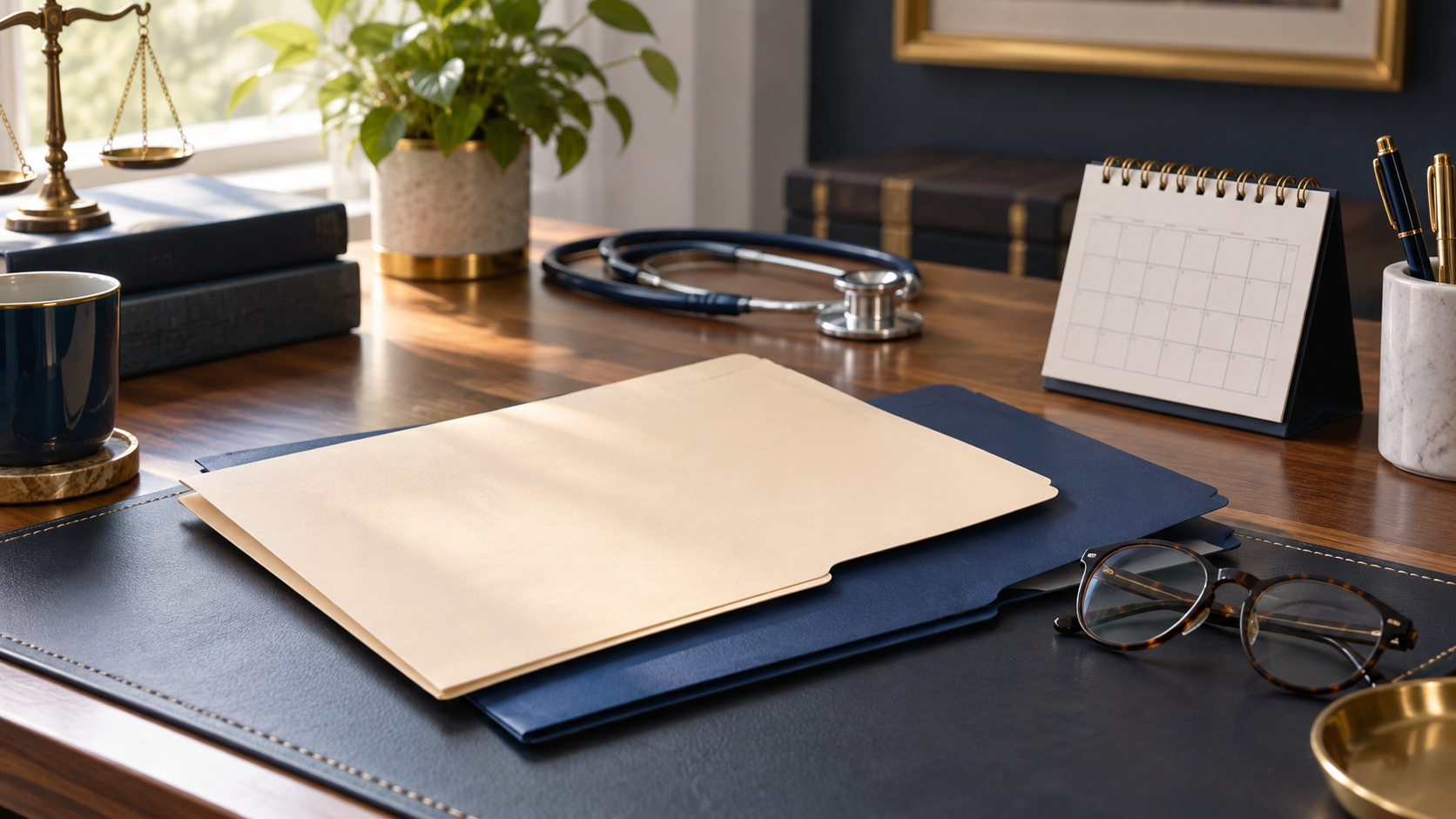 Two organized settlement files beside a medical calendar and eyeglasses