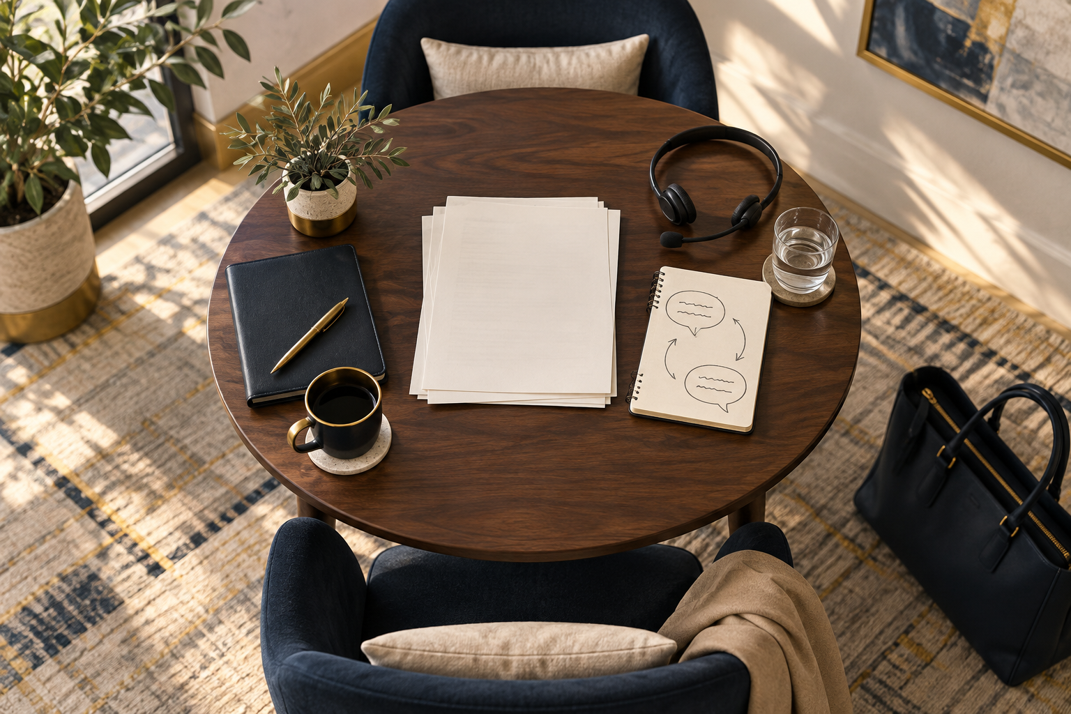 Settlement documents between two chairs with an interpreter headset on the table.