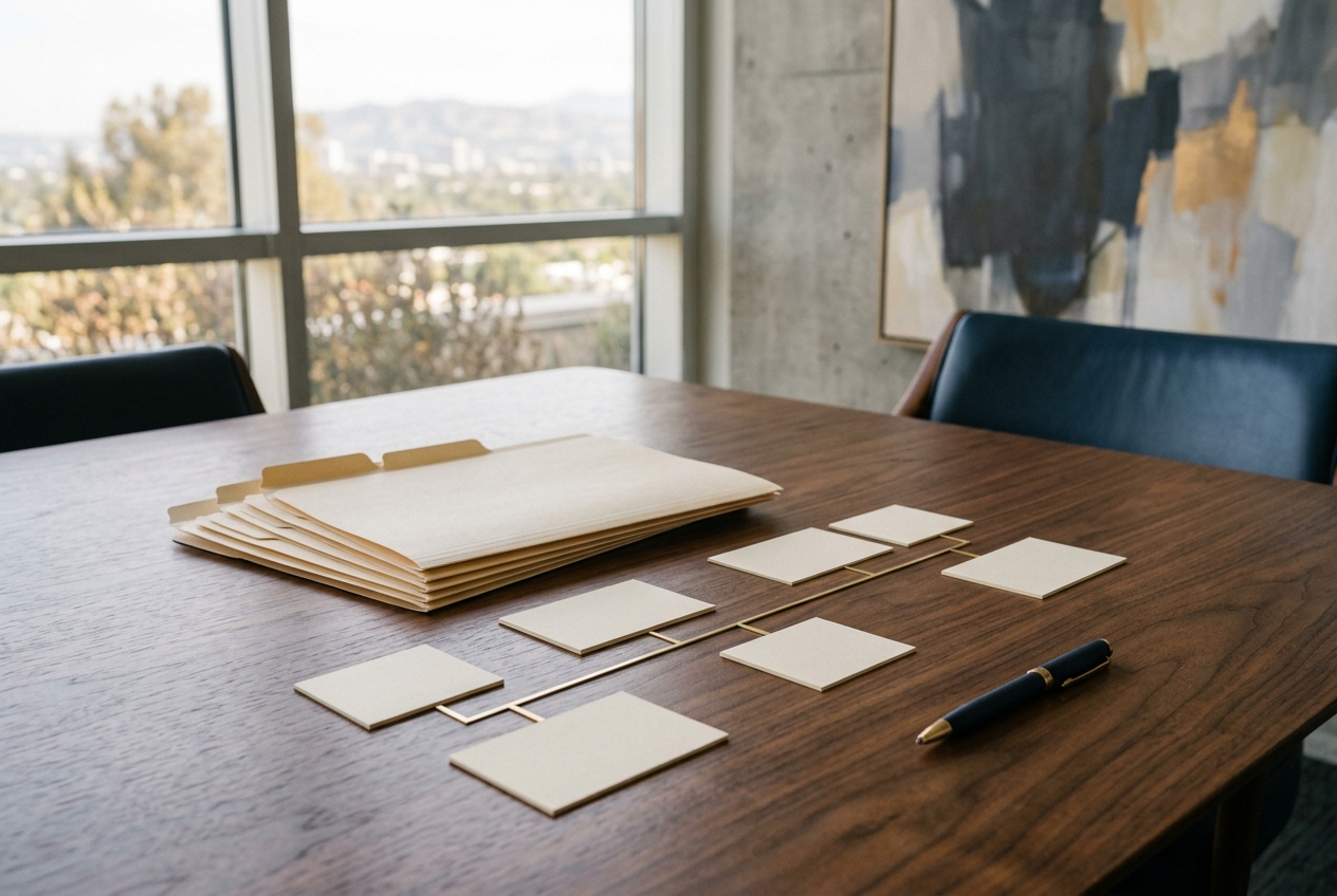 Organized blank case folders and an abstract case timeline on a conference table