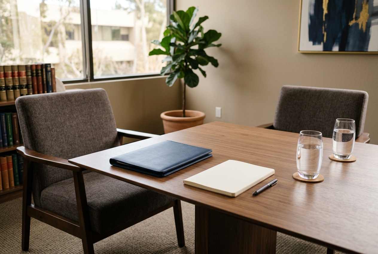 Prepared consultation table with a blank notebook, closed folder, and water glasses