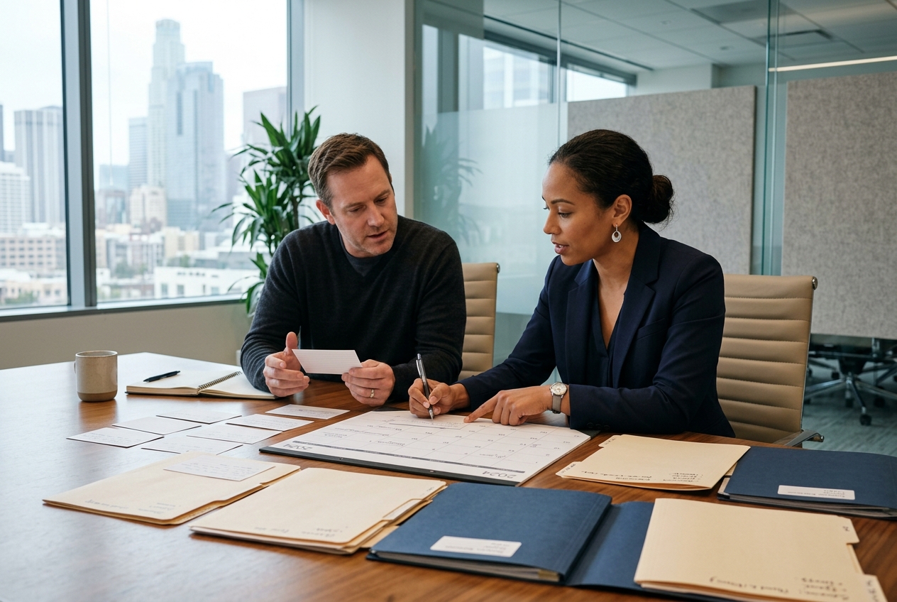 Attorney and client preparing an employment dispute chronology in a conference room