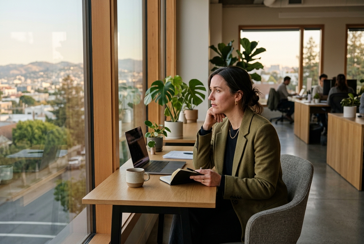 Employee considering a confidential workplace concern in a modern office