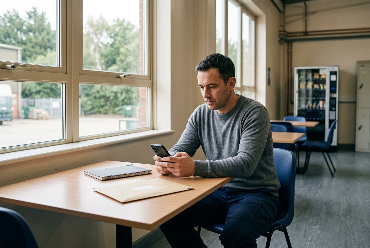 Worker reviewing unbranded time and pay information during a break