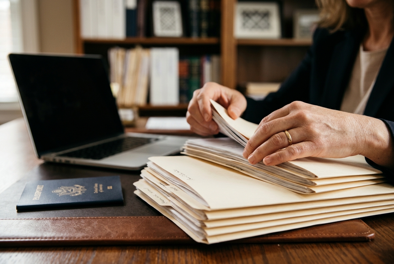 Attorney organizing an immigration appeal record and calendar in a private office