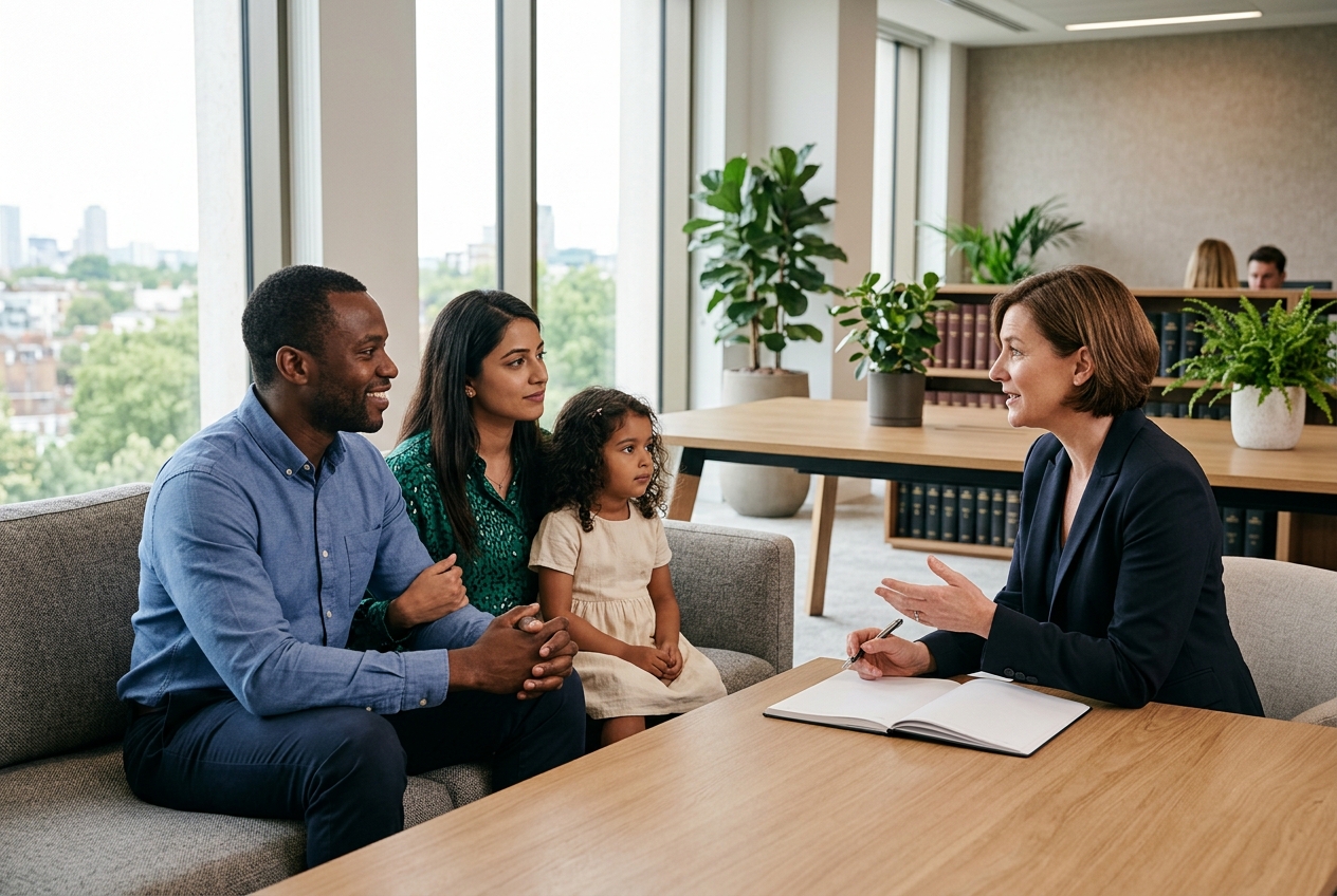 Family consulting an immigration attorney in a bright professional office
