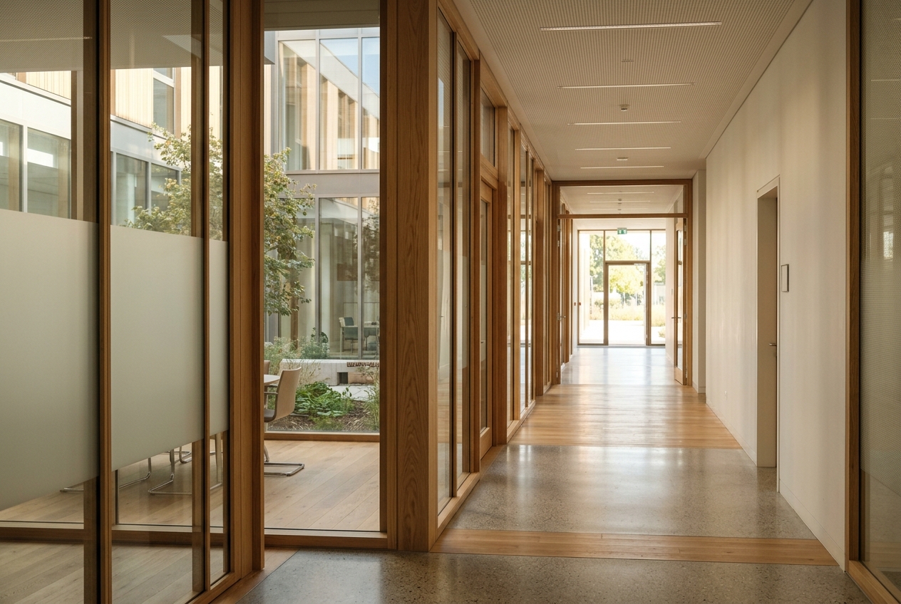 Sunlit institutional corridor representing navigation through immigration detention procedures