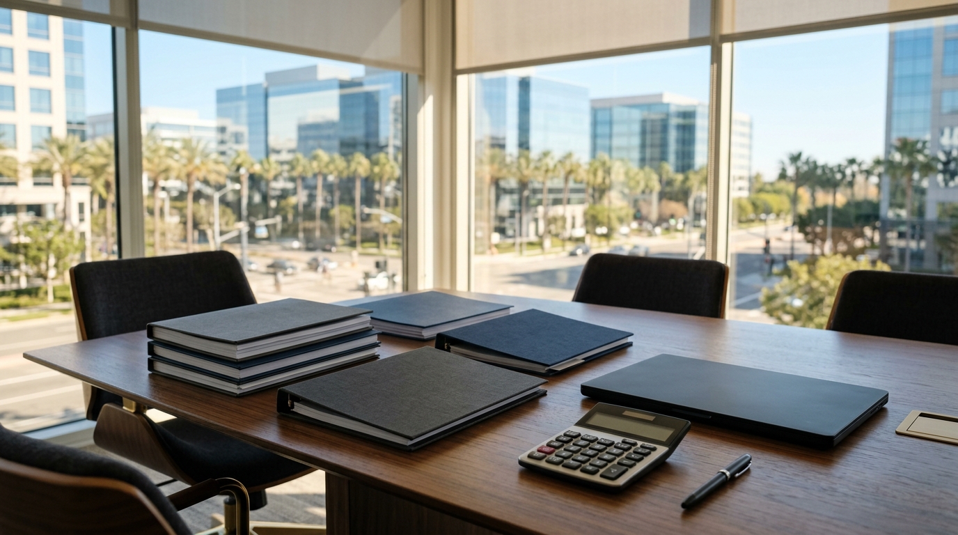 Financial records, calculator, and legal materials arranged for tax review