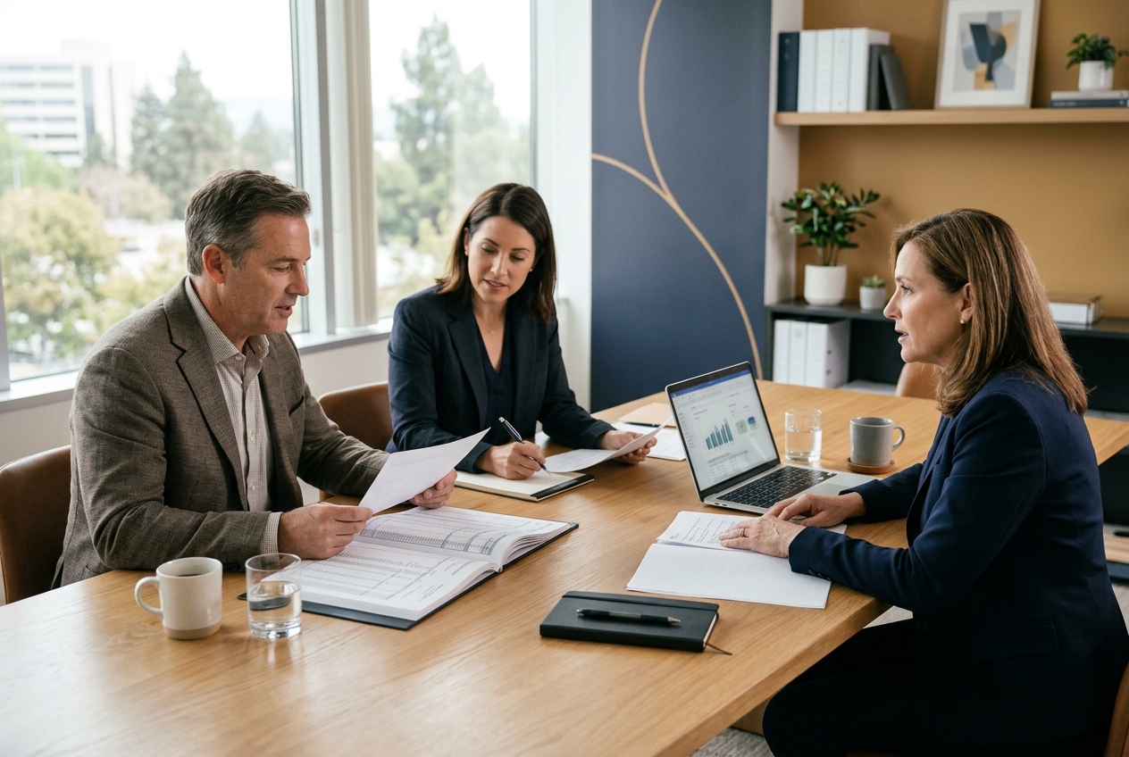 Business owner, tax professional, and attorney reviewing organized financial records