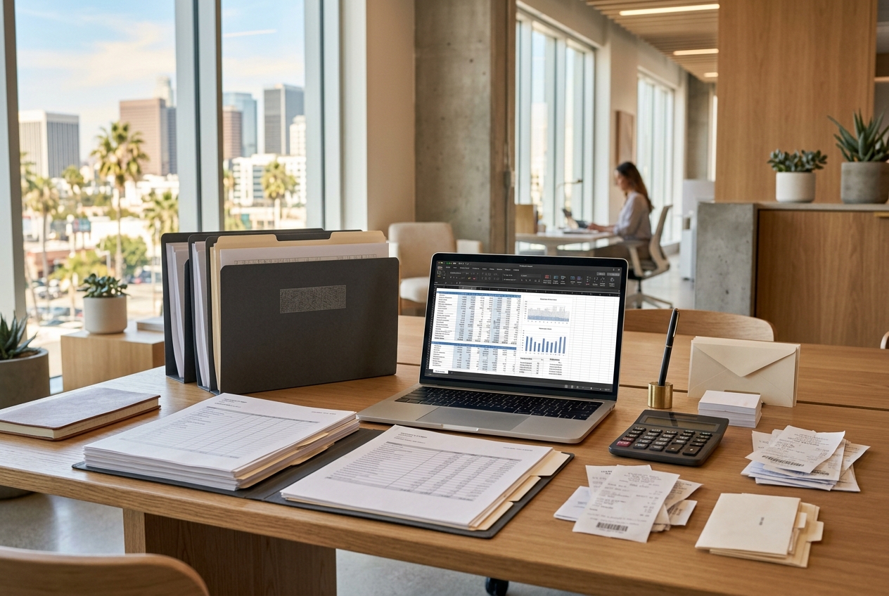 Organized bookkeeping records, ledger documents, and a calculator in a professional office