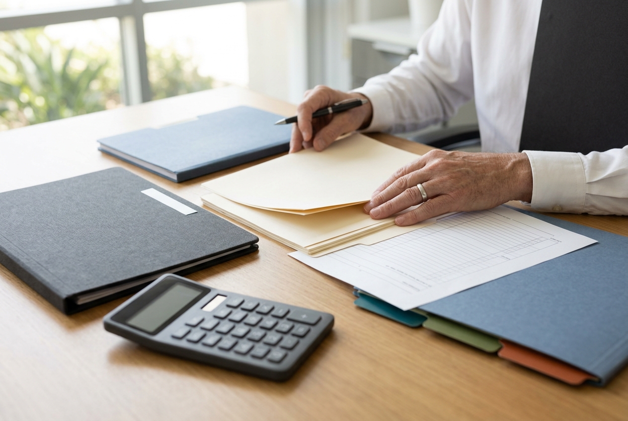 Tax preparation workspace with organized blank files and a calculator
