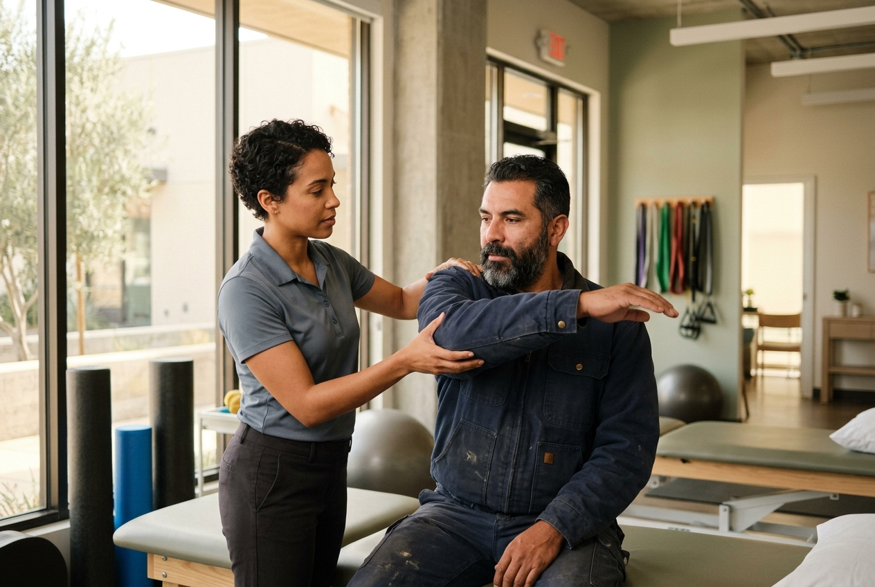Physical therapist guiding a worker through a shoulder mobility exercise