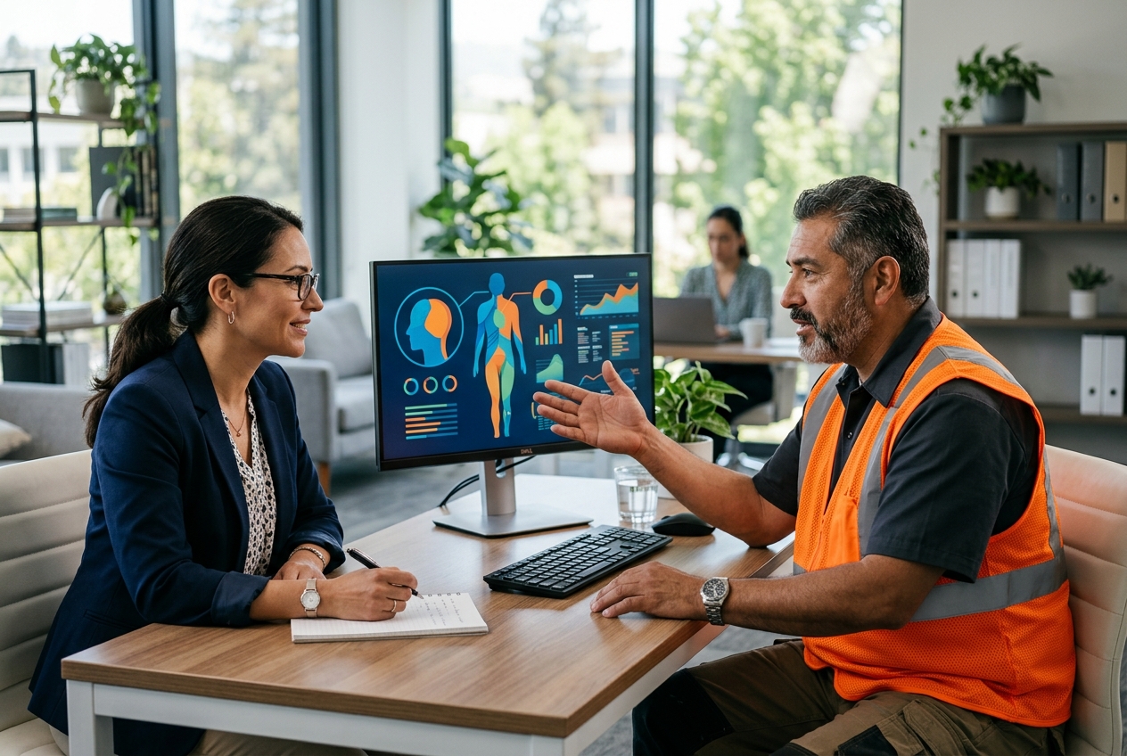 Worker and occupational health professional reviewing a return-to-work plan